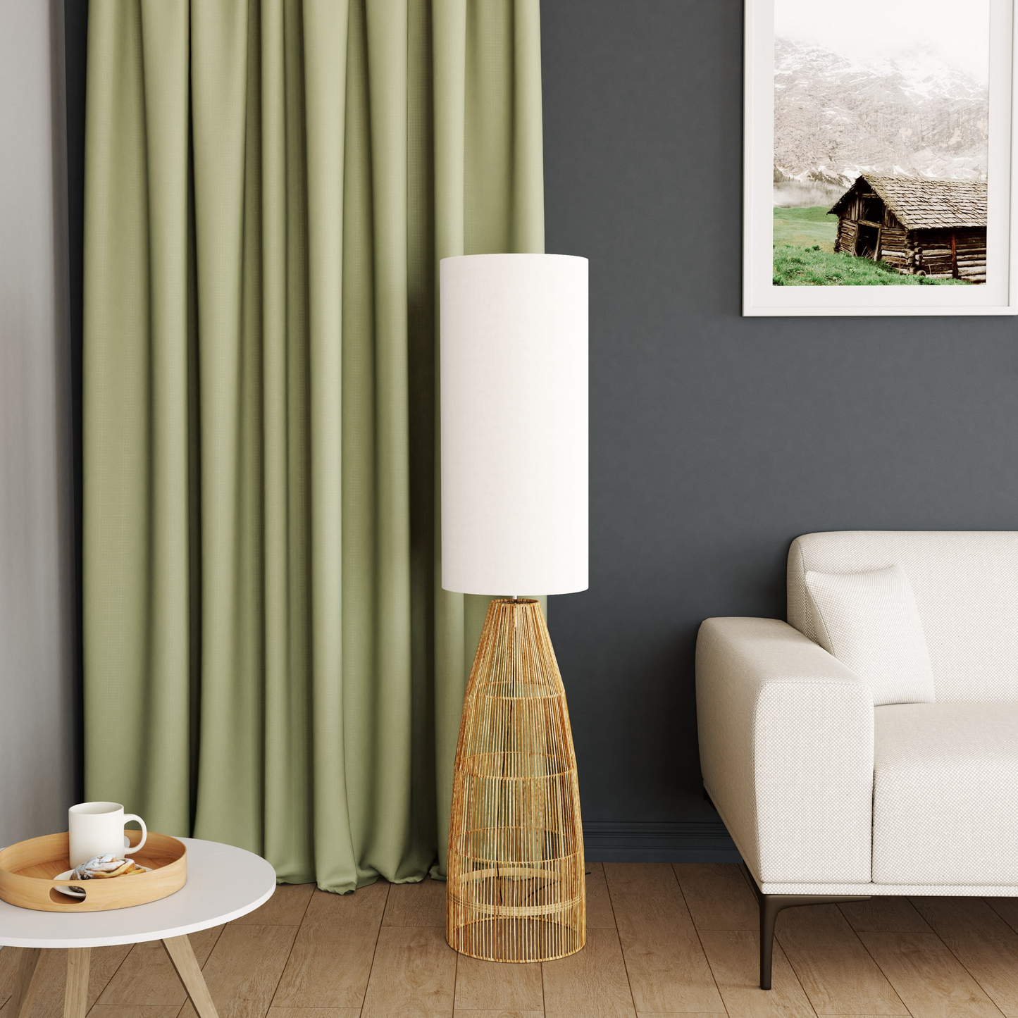 Lampadaire Japandi en tiges de rotin et abat-jour en lin blanc H140 - AOUDA