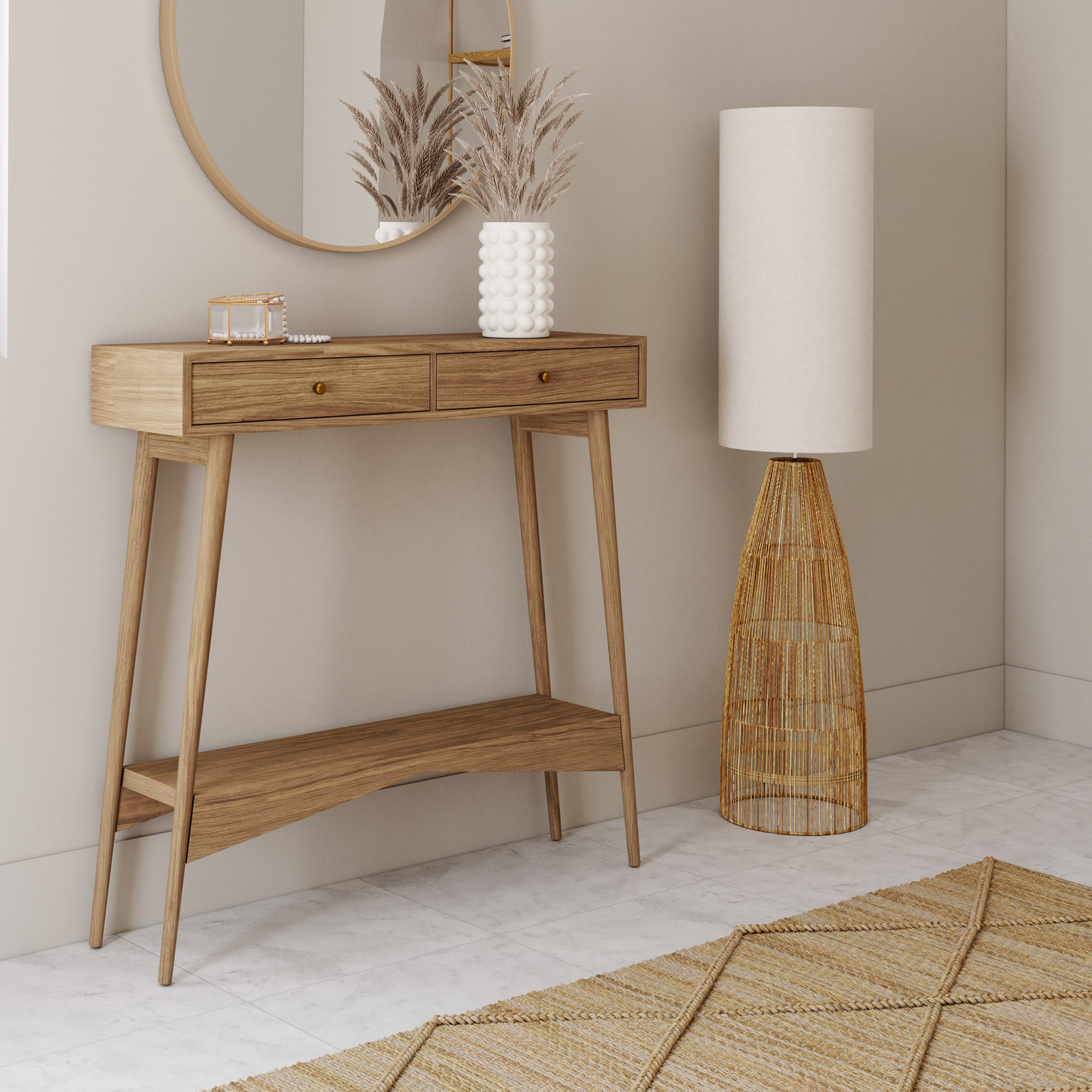 Lampadaire Japandi en tiges de rotin et abat-jour en lin blanc H140 - AOUDA