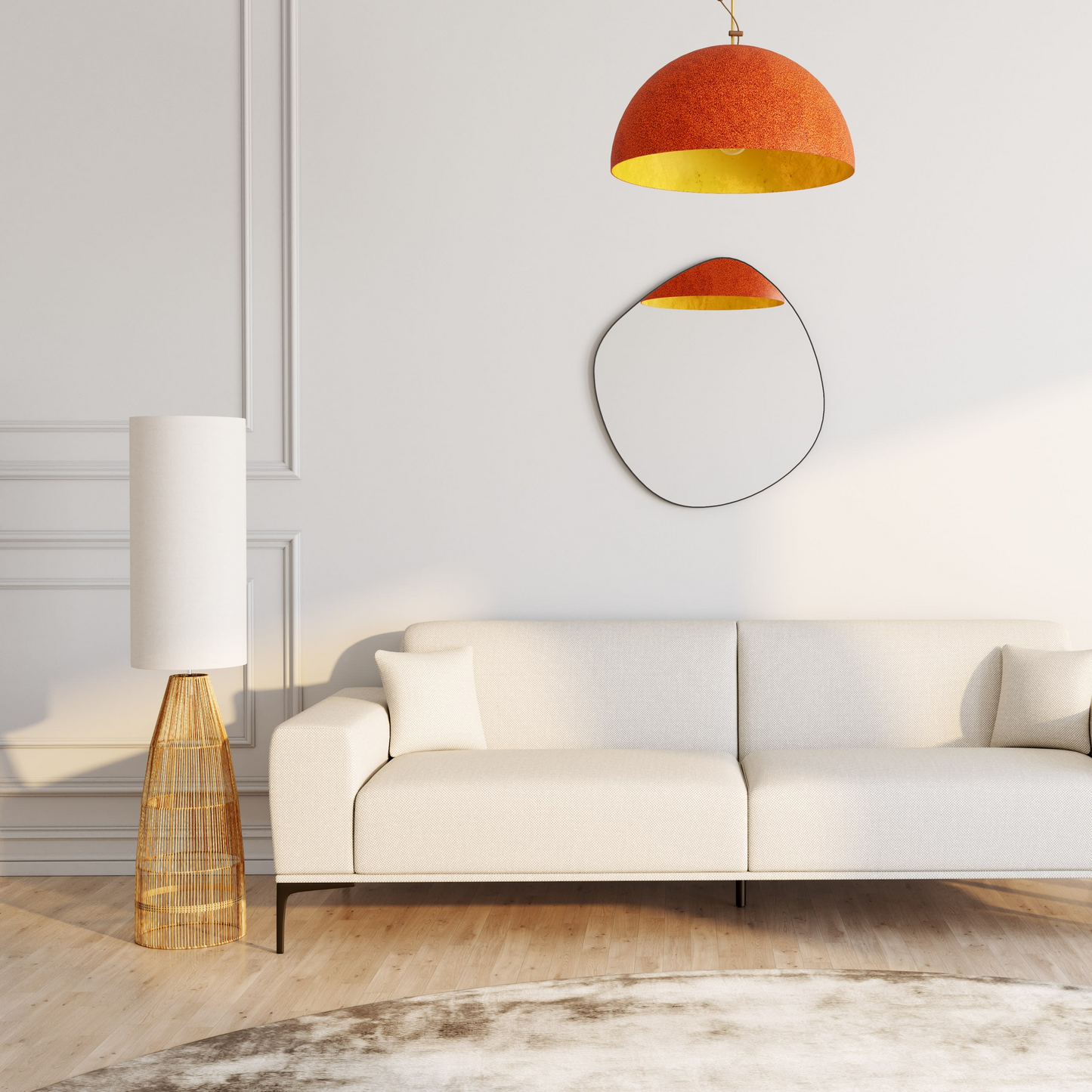 Lampadaire Japandi en tiges de rotin et abat-jour en lin blanc H140 - AOUDA