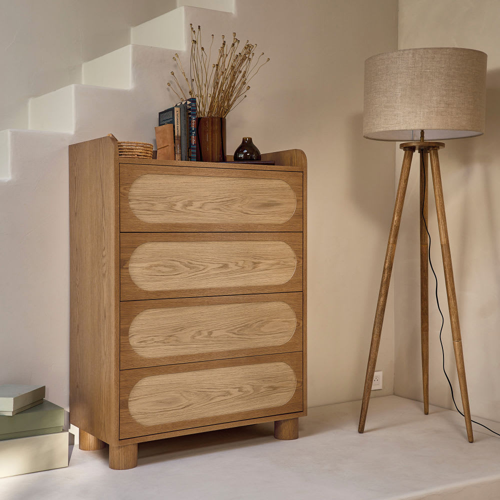 Lampadaire Japandi trépied en bois de manguier et abat-jour en lin beige H150 – Nom du Produit