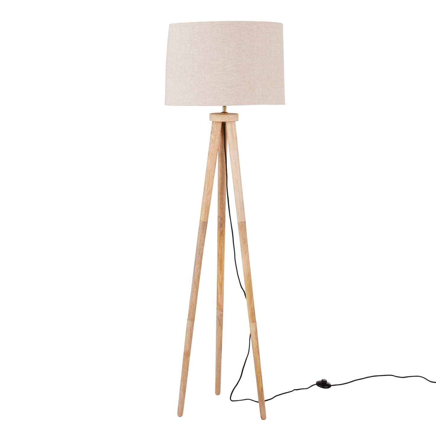 Lampadaire Japandi trépied en bois de manguier et abat-jour en lin beige H150 – Nom du Produit