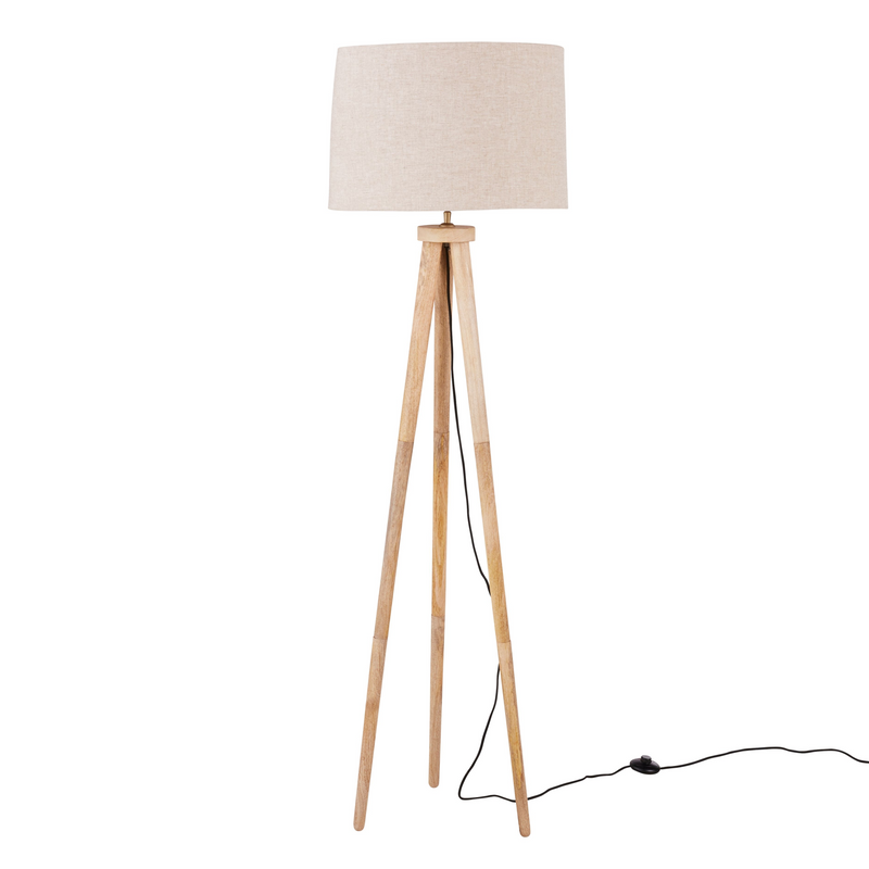 Lampadaire Japandi trépied en bois de manguier et abat-jour en lin beige H150 – Nom du Produit