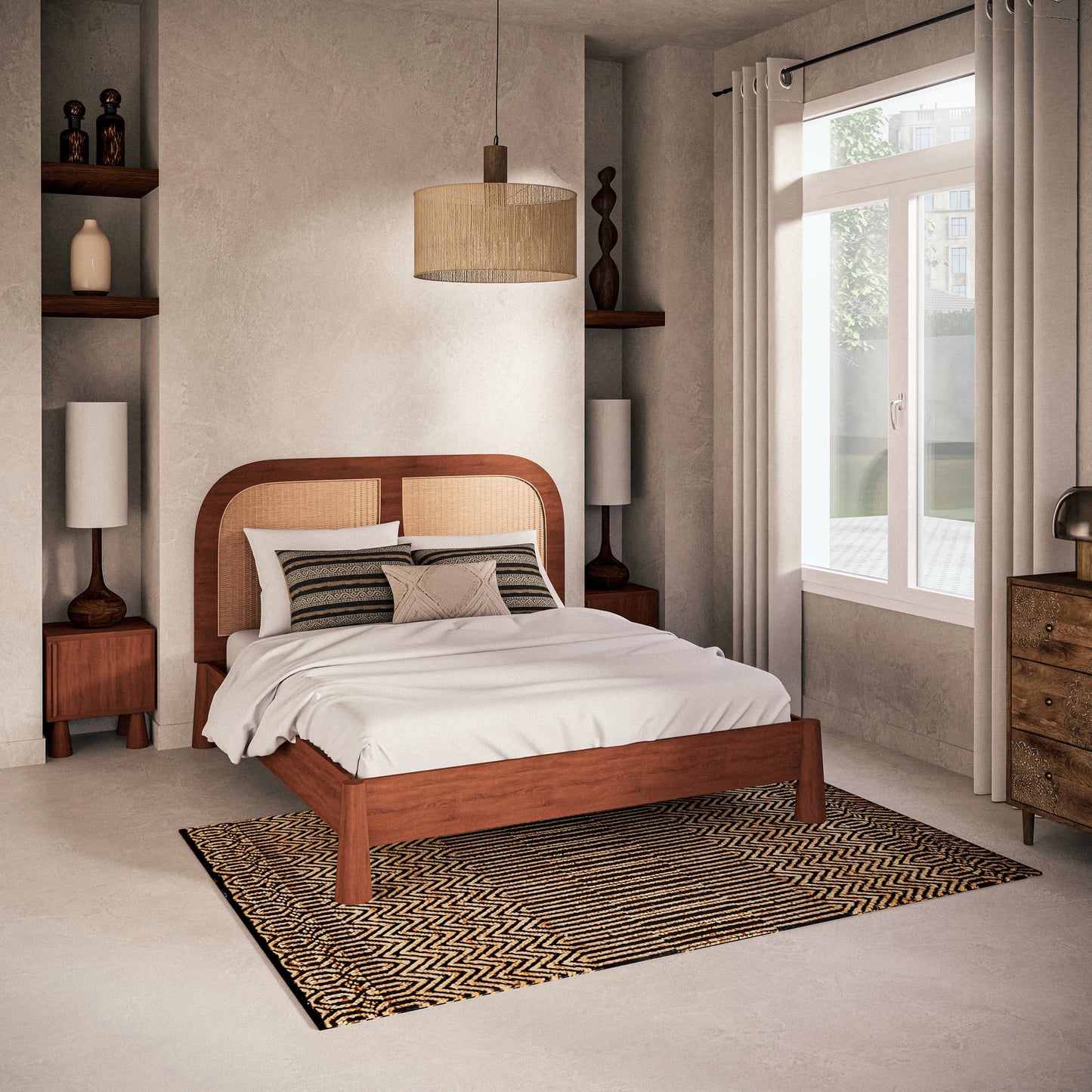 Lampe Japandi en bois de manguier avec abat-jour en lin beige – Hagginwood