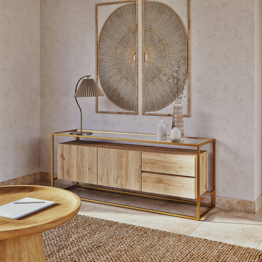 Lampe Japandi en métal doré avec abat-jour conique beige – Bérénice