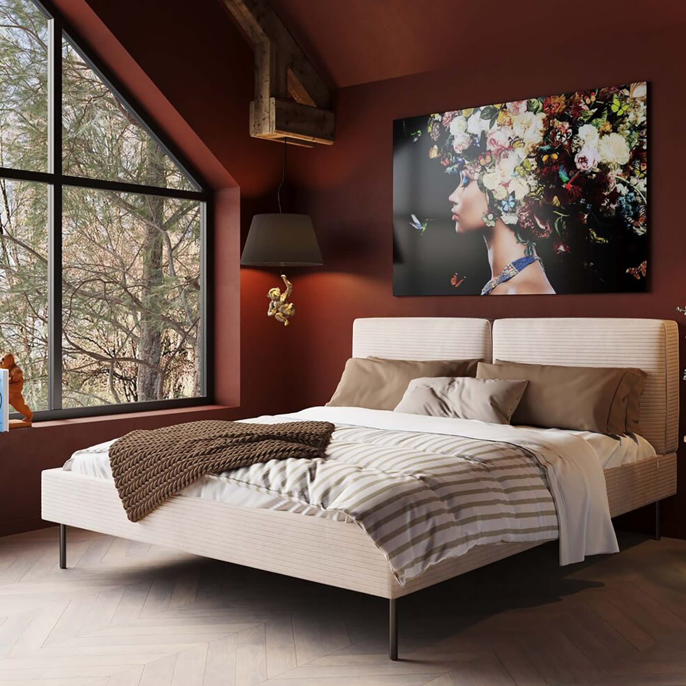 Lit 160x200 Japandi en polyester côtelé crème – East side cord