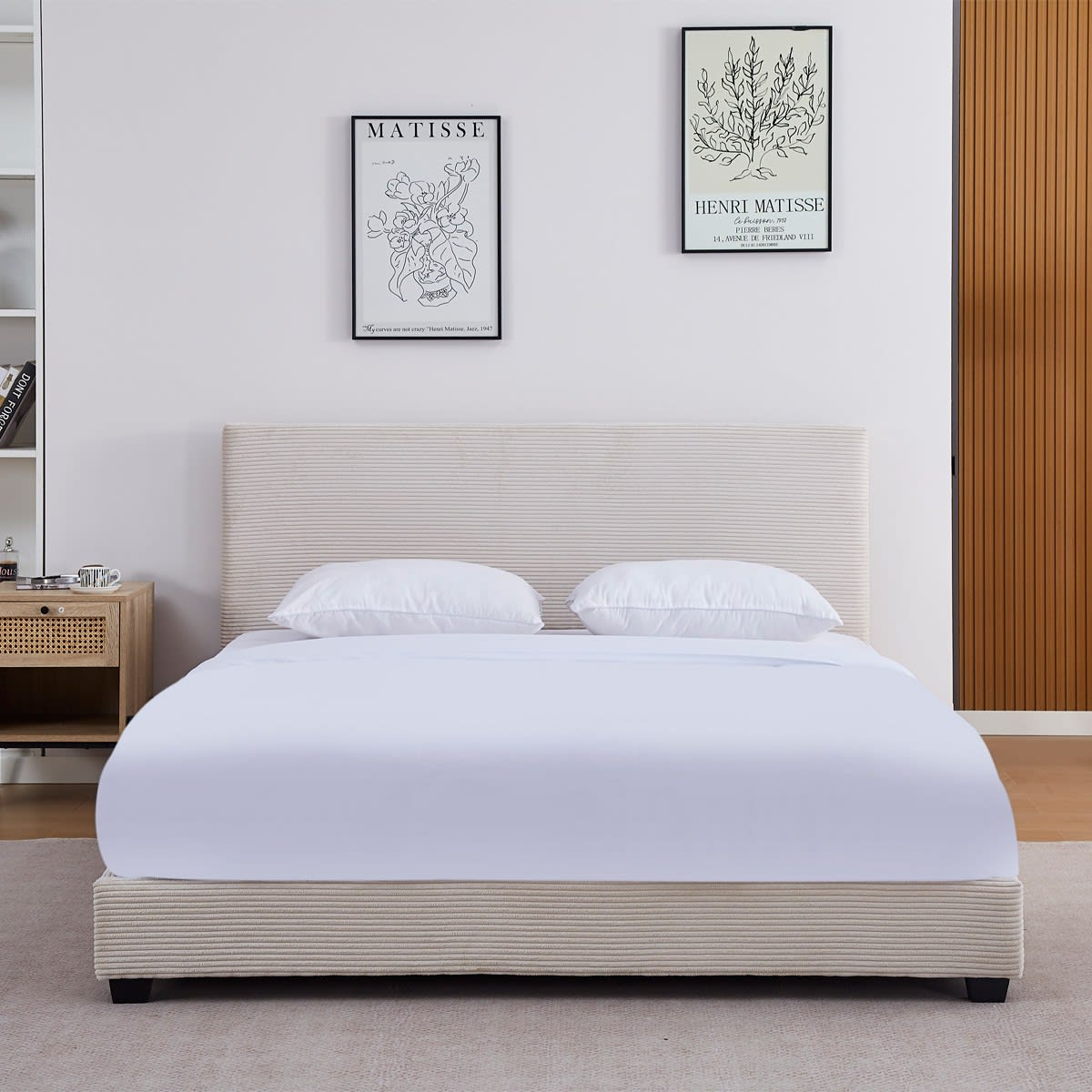 Lit Japandi 180x200 cm avec tête de lit en velours côtelé beige – William