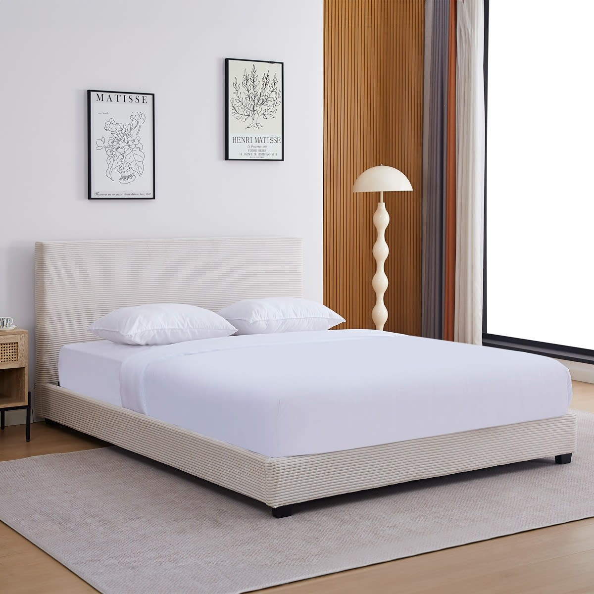 Lit Japandi 180x200 cm avec tête de lit en velours côtelé beige – William