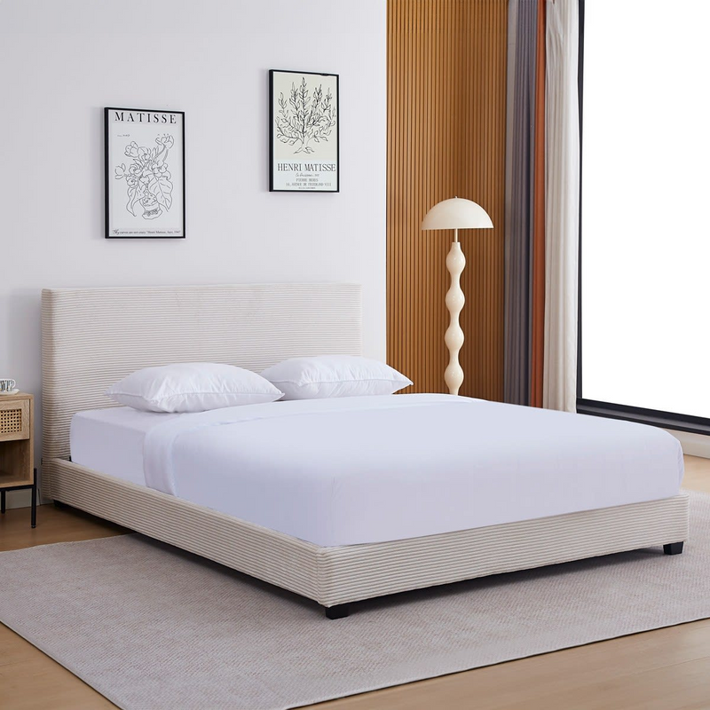 Lit Japandi 180x200 cm avec tête de lit en velours côtelé beige – William