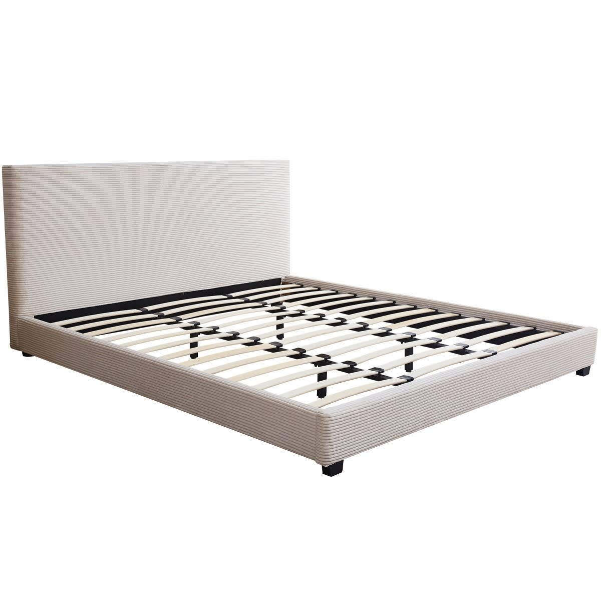 Lit Japandi 180x200 cm avec tête de lit en velours côtelé beige – William