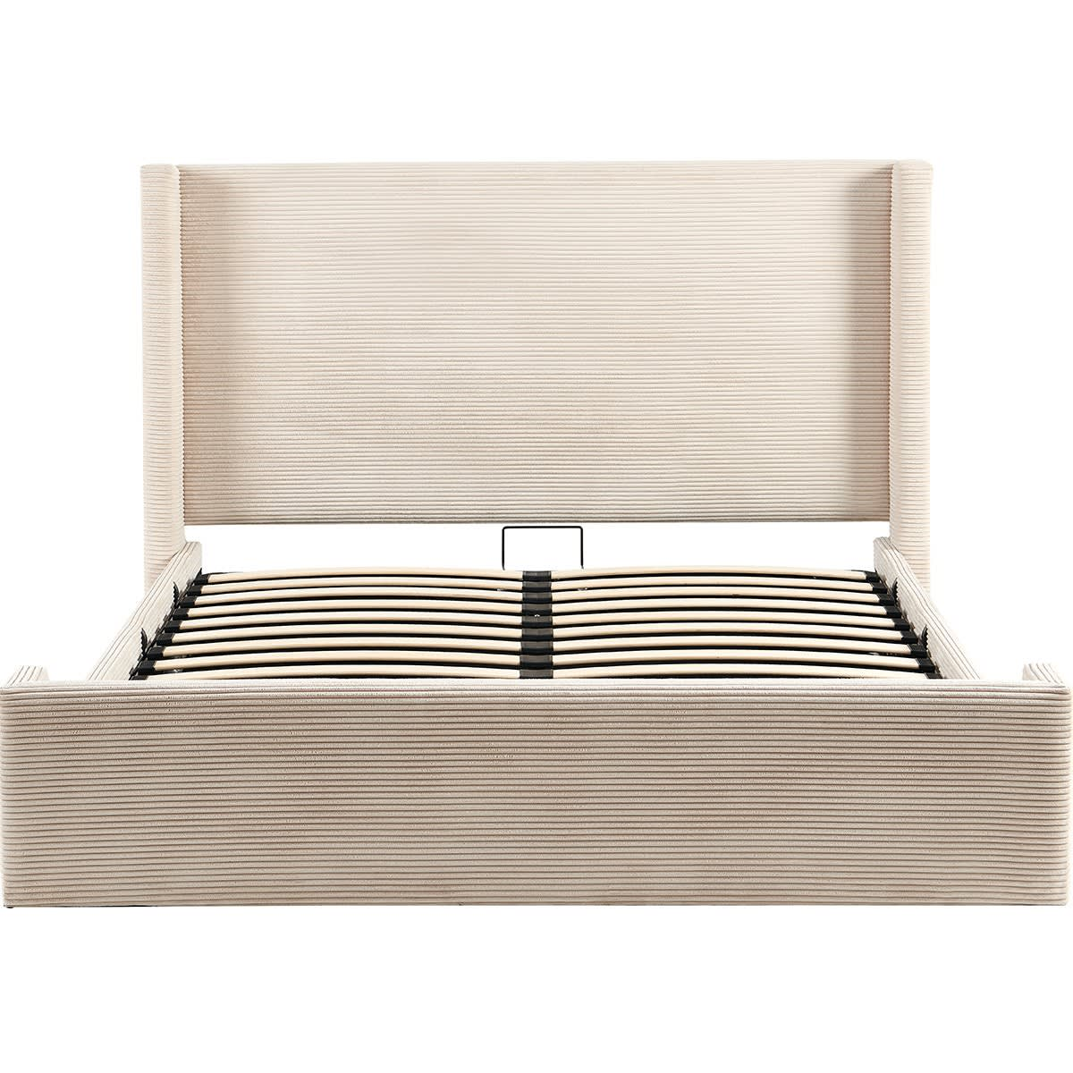 Lit Adulte Japandi 160x200 cm Tête de Lit Matelassée Velours Côtelé Beige – Frida