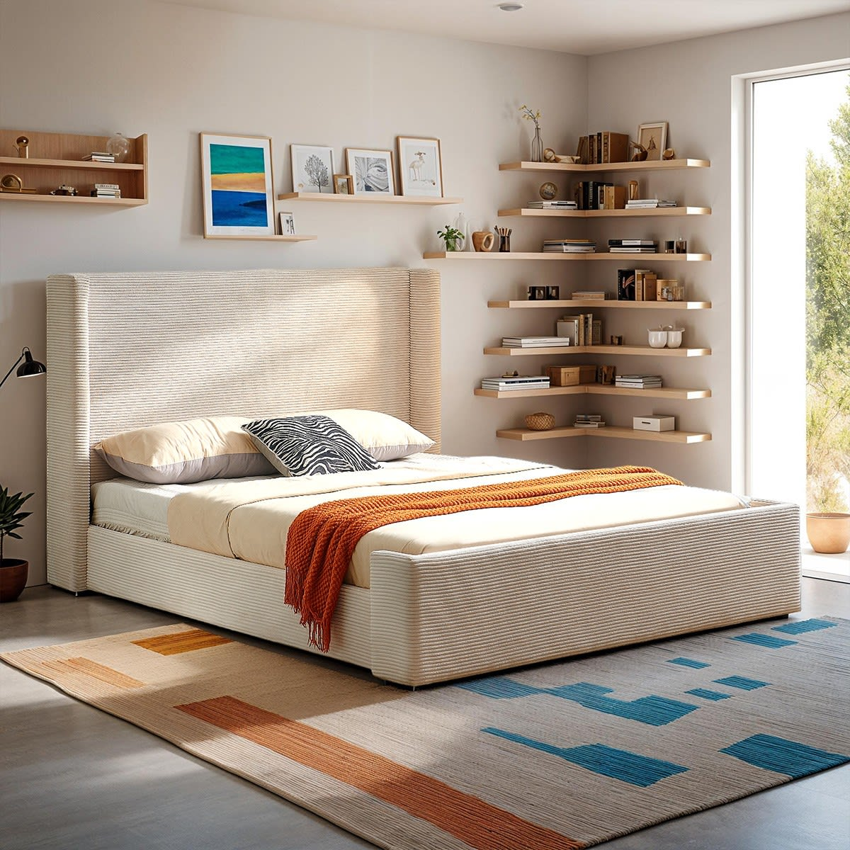Lit Adulte Japandi 160x200 cm Tête de Lit Matelassée Velours Côtelé Beige – Frida