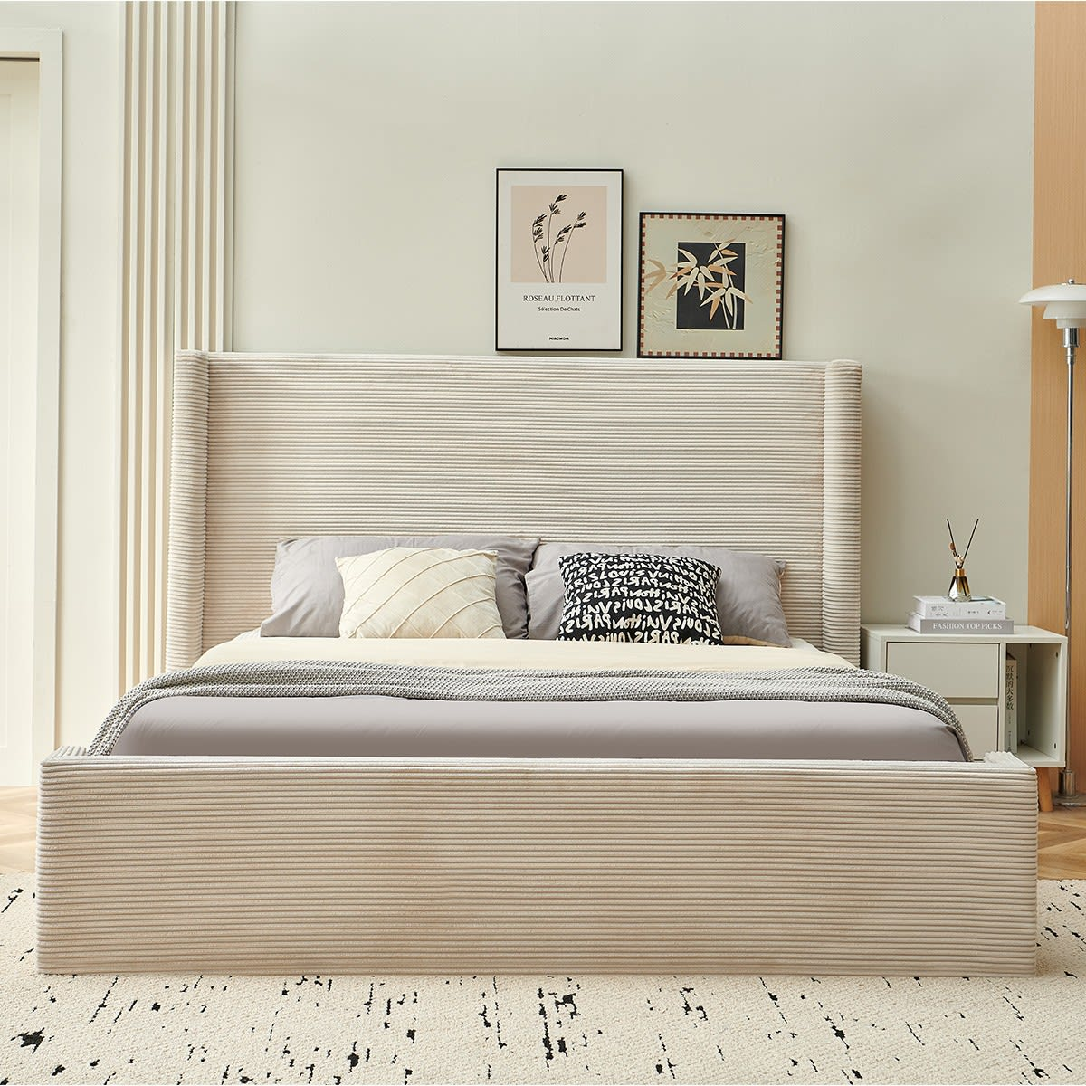 Lit Adulte Japandi 160x200 cm Tête de Lit Matelassée Velours Côtelé Beige – Frida
