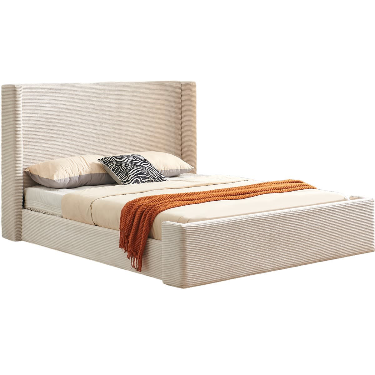 Lit Adulte Japandi 160x200 cm Tête de Lit Matelassée Velours Côtelé Beige – Frida