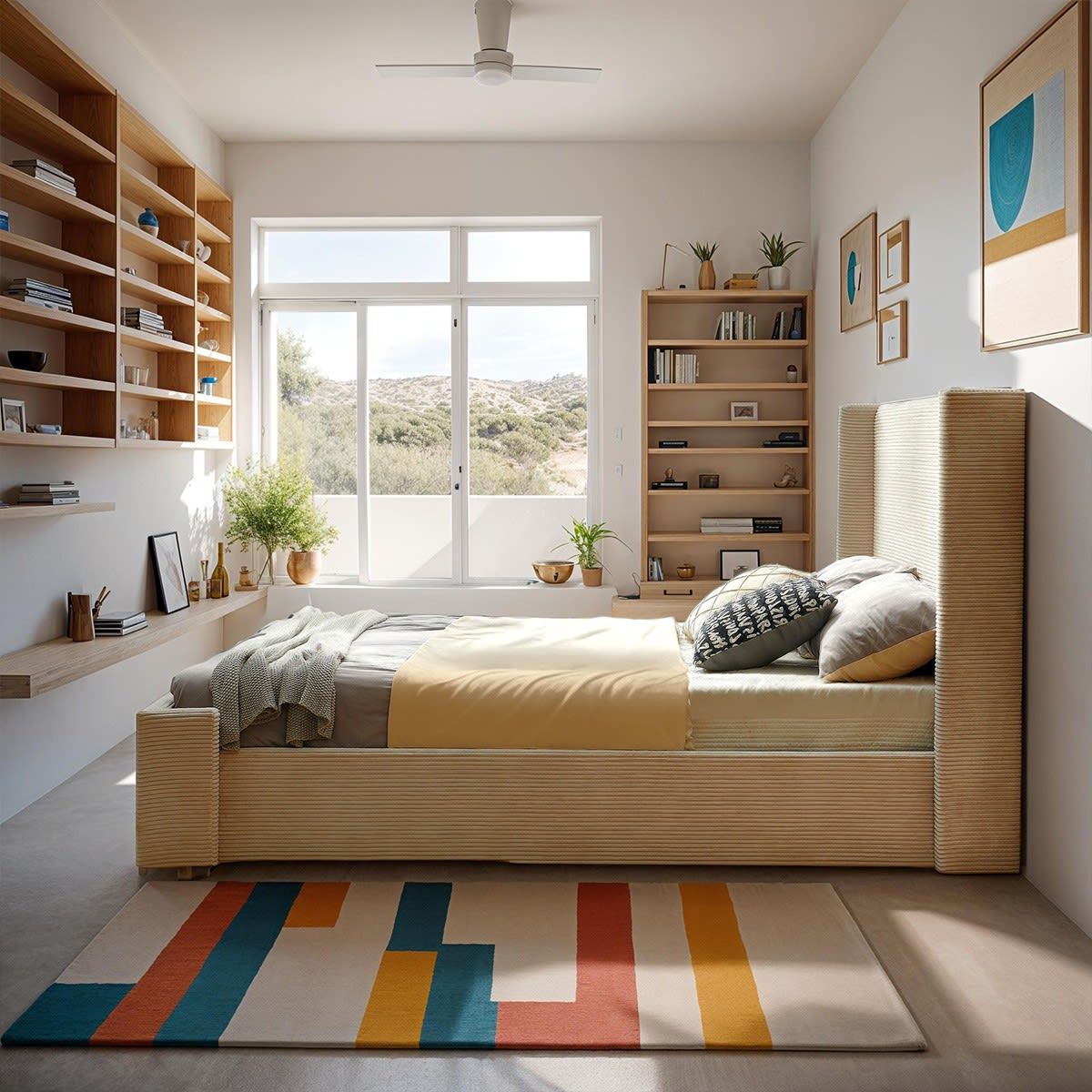 Lit Adulte Japandi 160x200 cm Tête de Lit Matelassée Velours Côtelé Beige – Frida