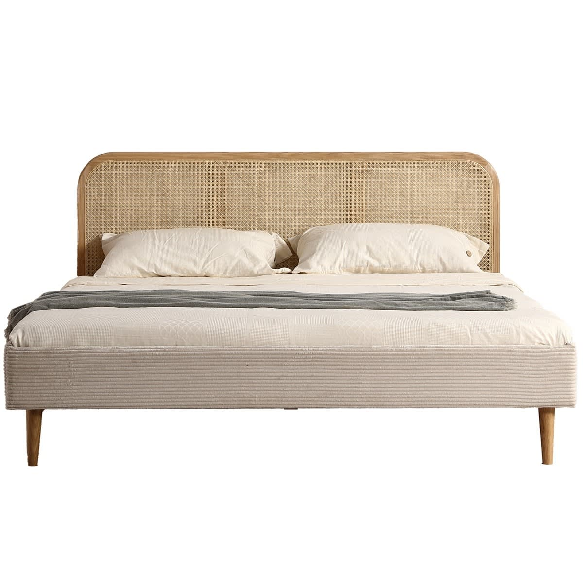 Lit Japandi 180x200 cm en velours côtelé beige tête de lit cannage – Dalia