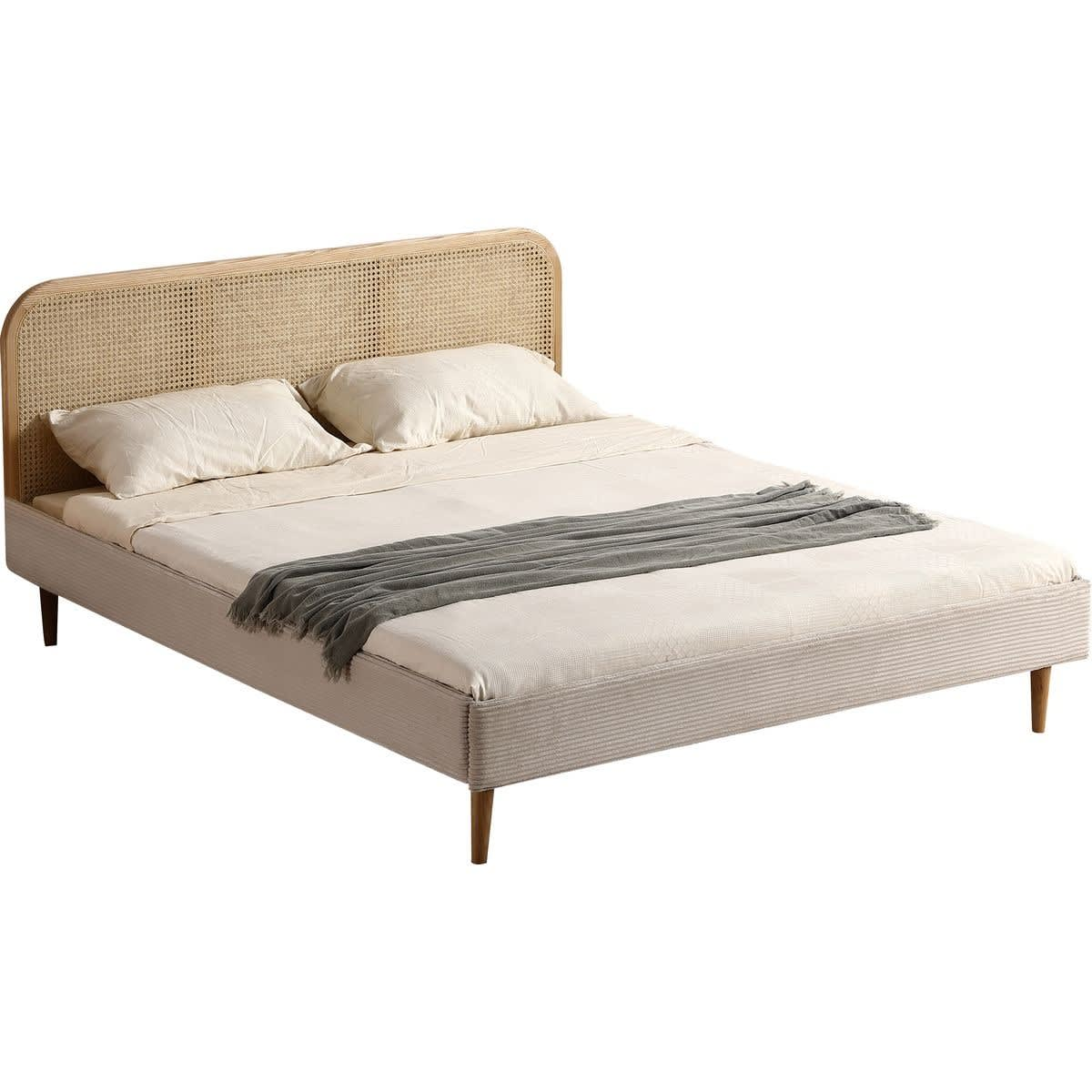 Lit Japandi 180x200 cm en velours côtelé beige tête de lit cannage – Dalia