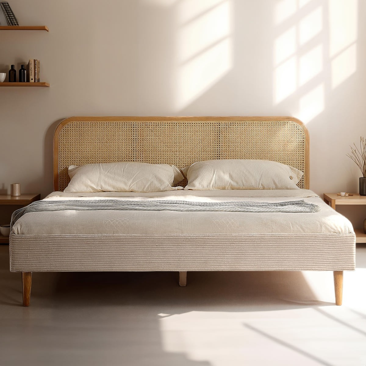 Lit Japandi 180x200 cm en velours côtelé beige tête de lit cannage – Dalia