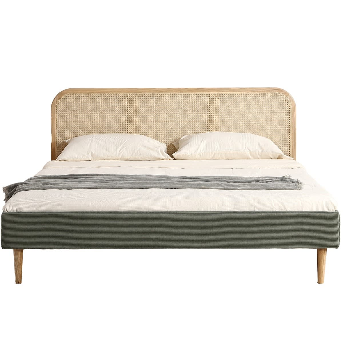 Lit Japandi 180x200 cm en velours côtelé beige tête de lit cannage – Dalia
