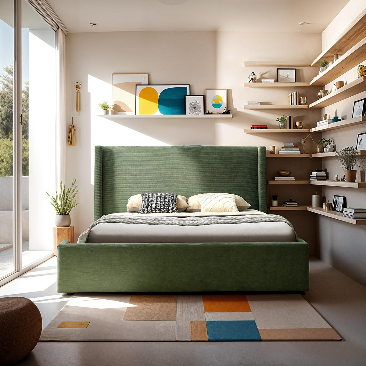 Lit Adulte 180x200 cm Japandi Tête de Lit Matelassée Velours Côtelé Vert – Frida