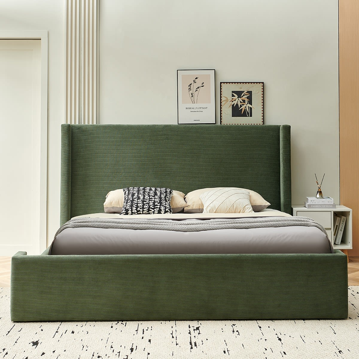Lit Adulte 180x200 cm Japandi Tête de Lit Matelassée Velours Côtelé Vert – Frida