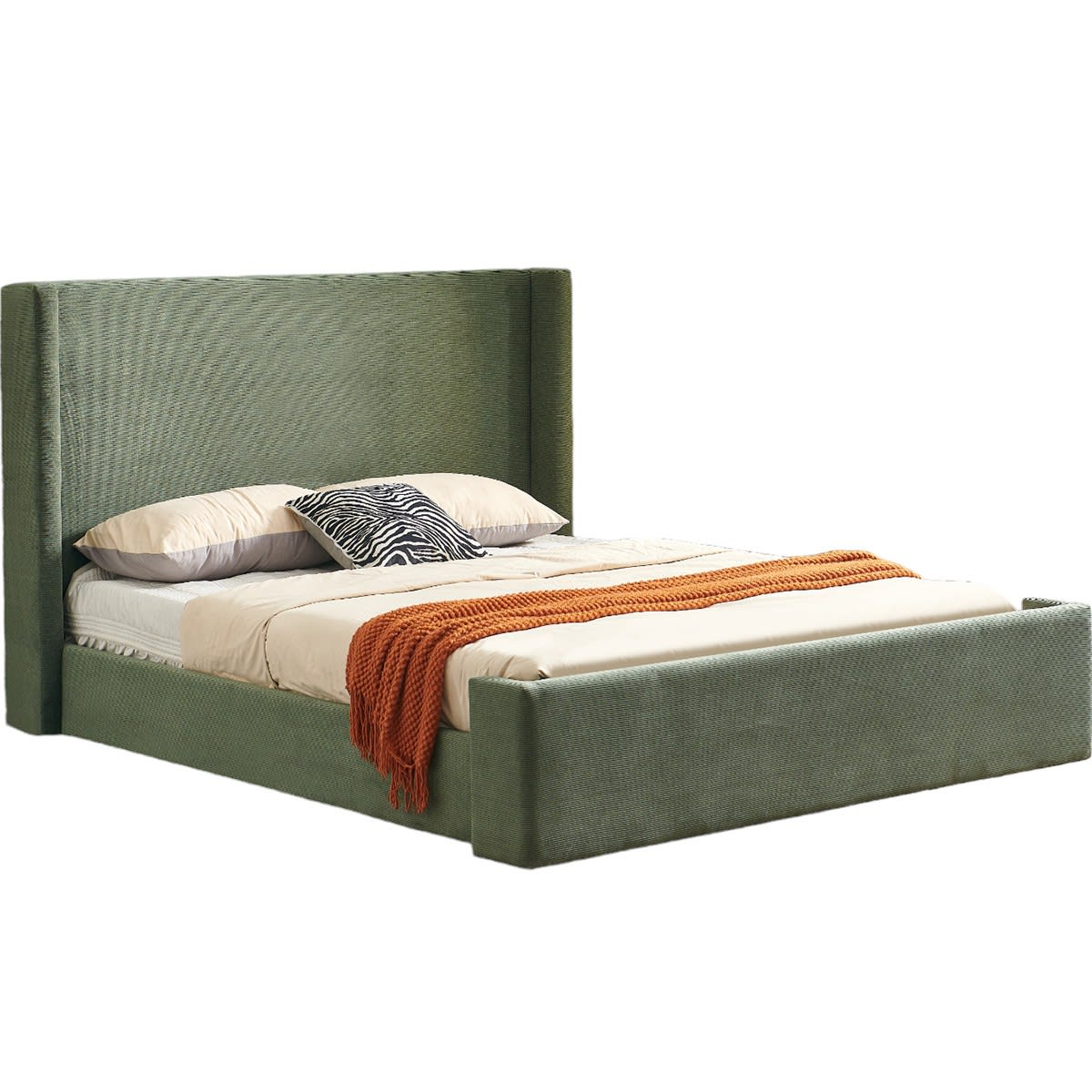 Lit Adulte 180x200 cm Japandi Tête de Lit Matelassée Velours Côtelé Vert – Frida