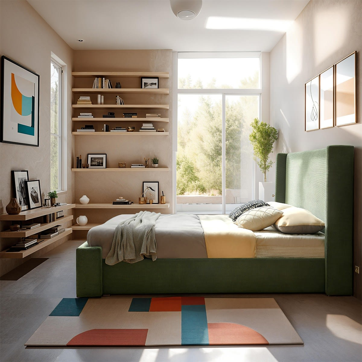 Lit Adulte 180x200 cm Japandi Tête de Lit Matelassée Velours Côtelé Vert – Frida