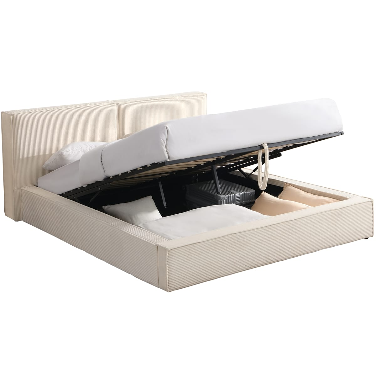 Lit Coffre Japandi 180x200 cm Velours Côtelé Beige – Arno