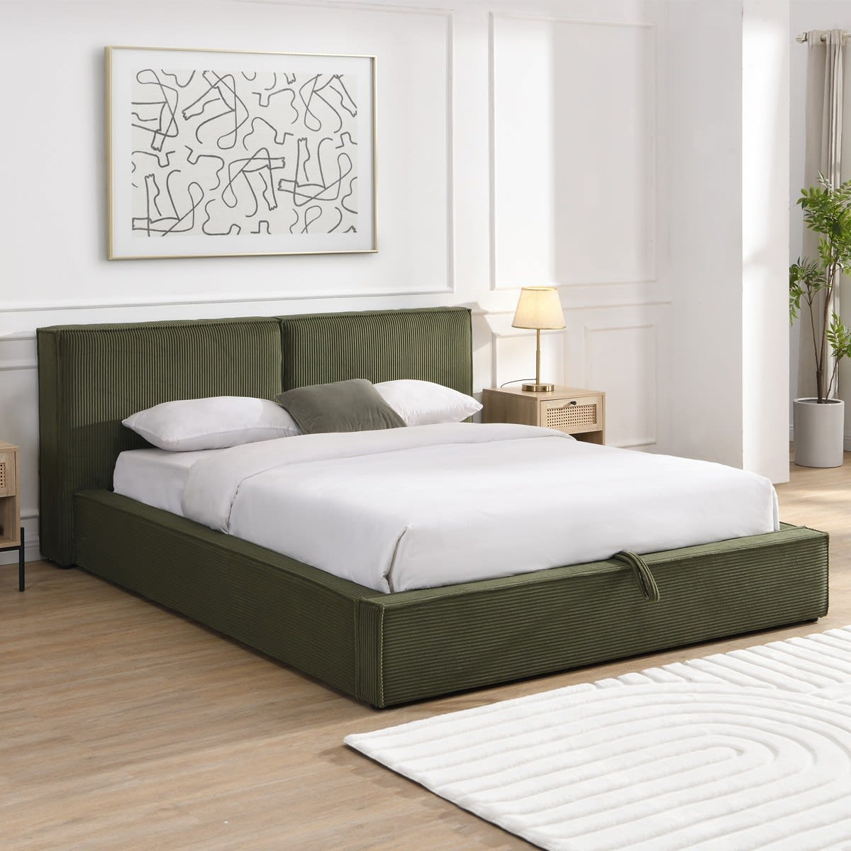 Lit Coffre Japandi 180x200 cm Velours Côtelé Beige – Arno