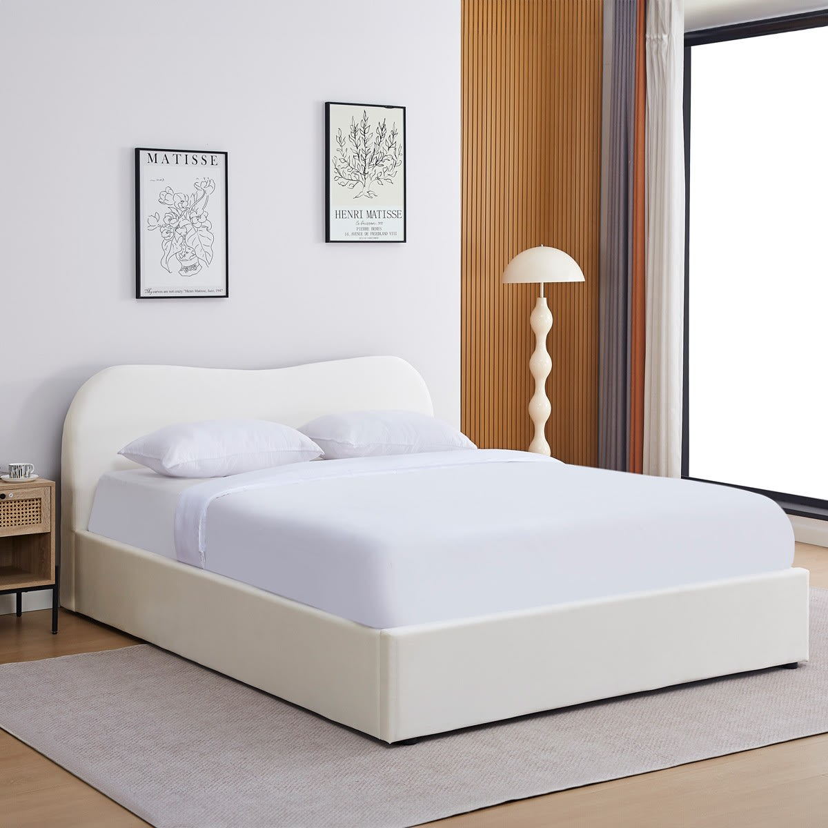 Lit Coffre Japandi 180x200 cm Velours Beige avec Tête de Lit – Suzon