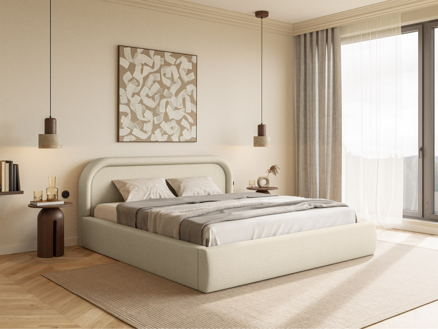 Lit Coffre Japandi avec tête de lit 160x200 grège – Ruvi