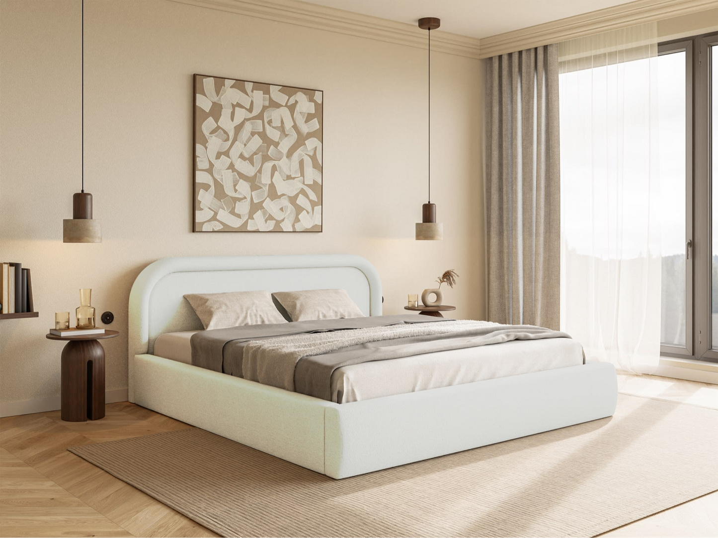 Lit Coffre Japandi avec tête de lit 160x200 grège – Ruvi