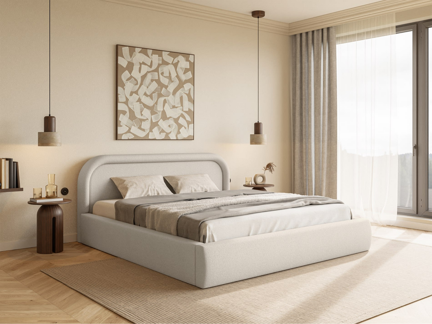 Lit Coffre Japandi avec tête de lit 160x200 grège – Ruvi