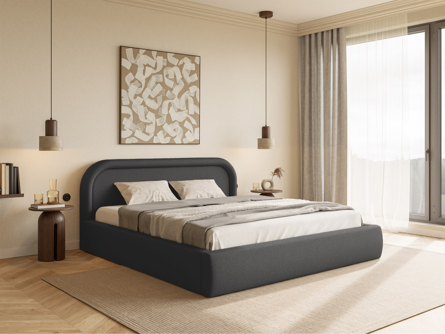 Lit Coffre Japandi avec tête de lit 160x200 grège – Ruvi