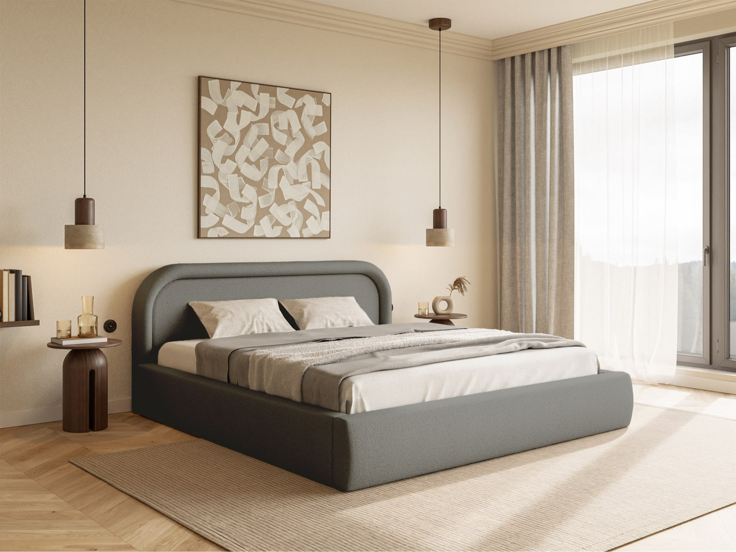 Lit Coffre Japandi avec tête de lit 160x200 grège – Ruvi