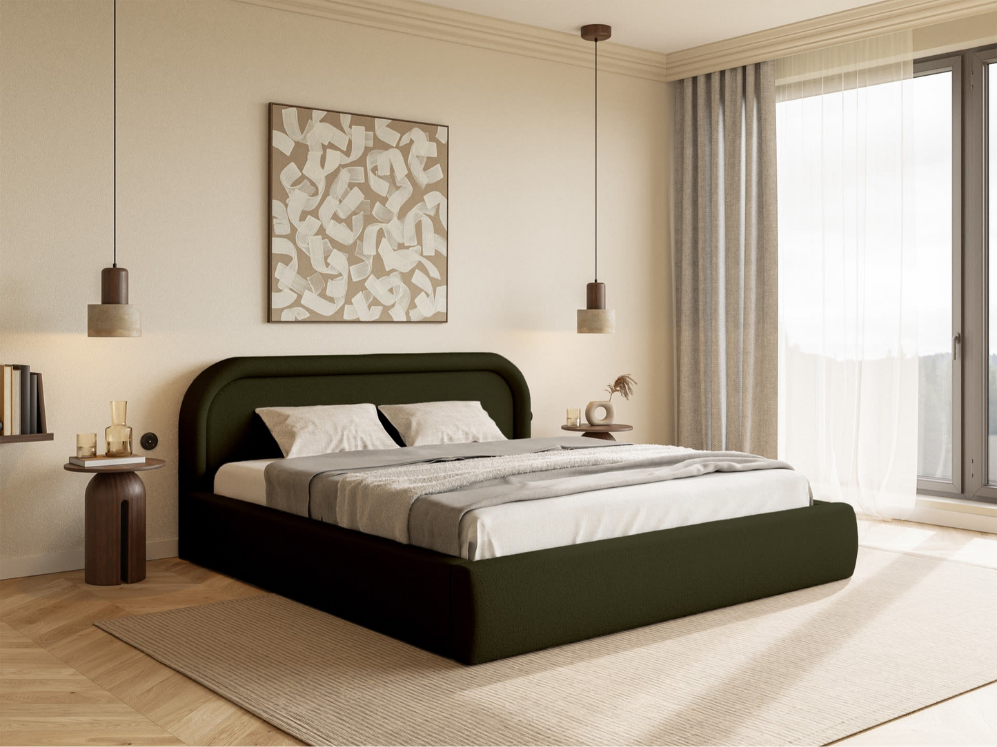 Lit Coffre Japandi avec tête de lit 160x200 grège – Ruvi