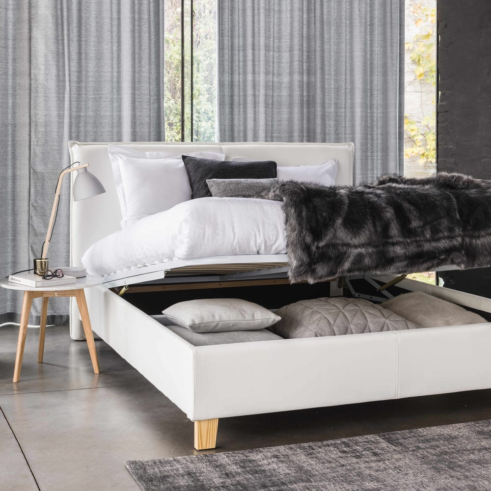 Lit Coffre Japandi blanc en bois de peuplier 160x200 sommier à lattes – Pillow