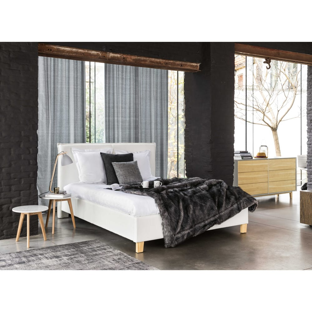 Lit Coffre Japandi blanc en bois de peuplier 160x200 sommier à lattes – Pillow
