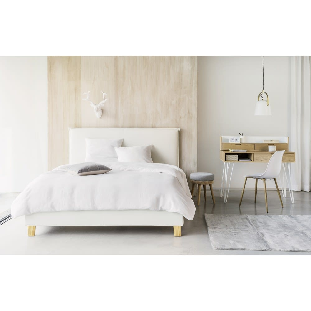 Lit Coffre Japandi blanc en bois de peuplier 160x200 sommier à lattes – Pillow