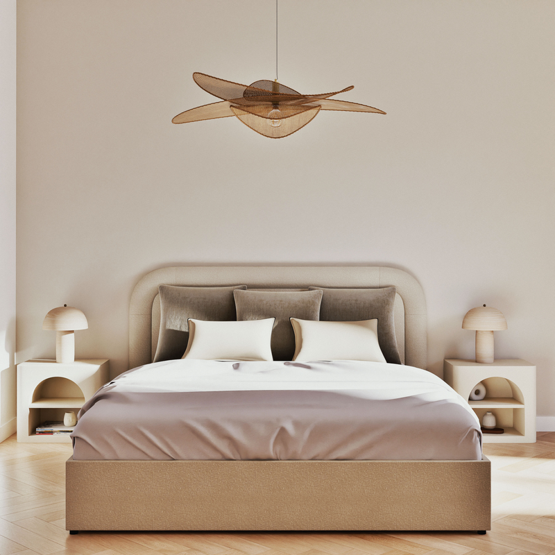 Lit Coffre Japandi bouclettes écrues 180x200 avec sommier à lattes blanc – Buldos