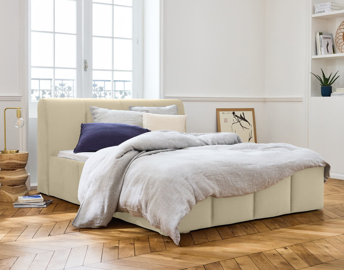 Lit Coffre Japandi en Velours 180 x 200 cm Beige – Elysia