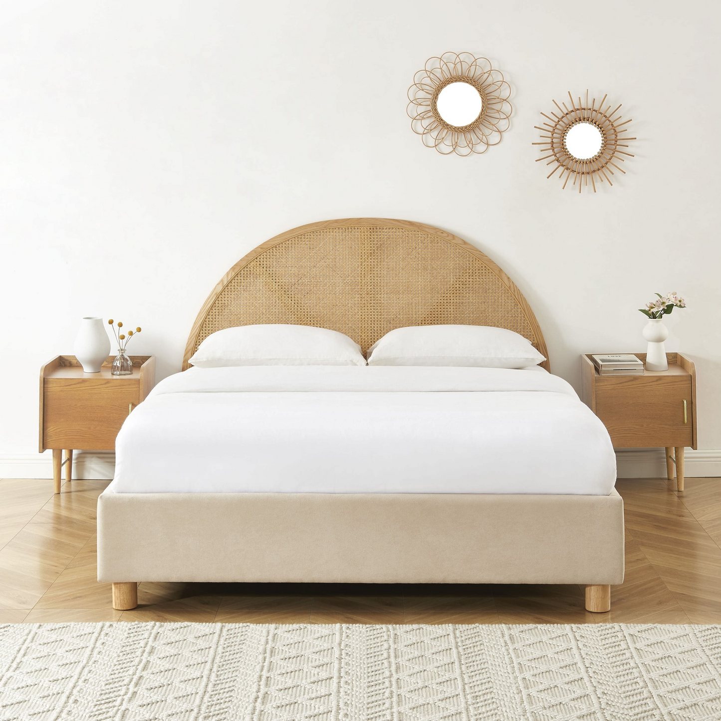 Lit Coffre Japandi velours beige sable cannage 160x200 sommier inclus – Tsuki