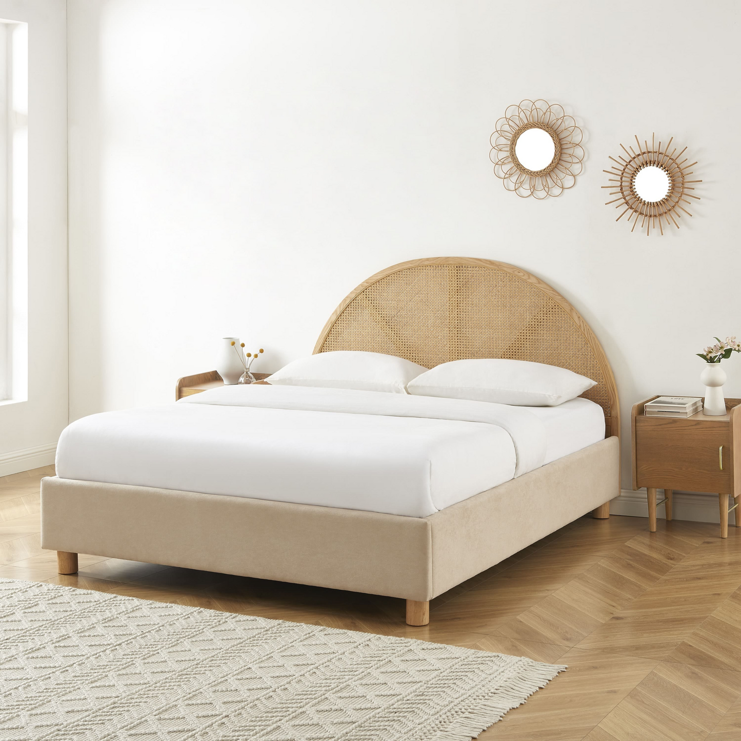 Lit Coffre Japandi velours beige sable cannage 160x200 sommier inclus – Tsuki