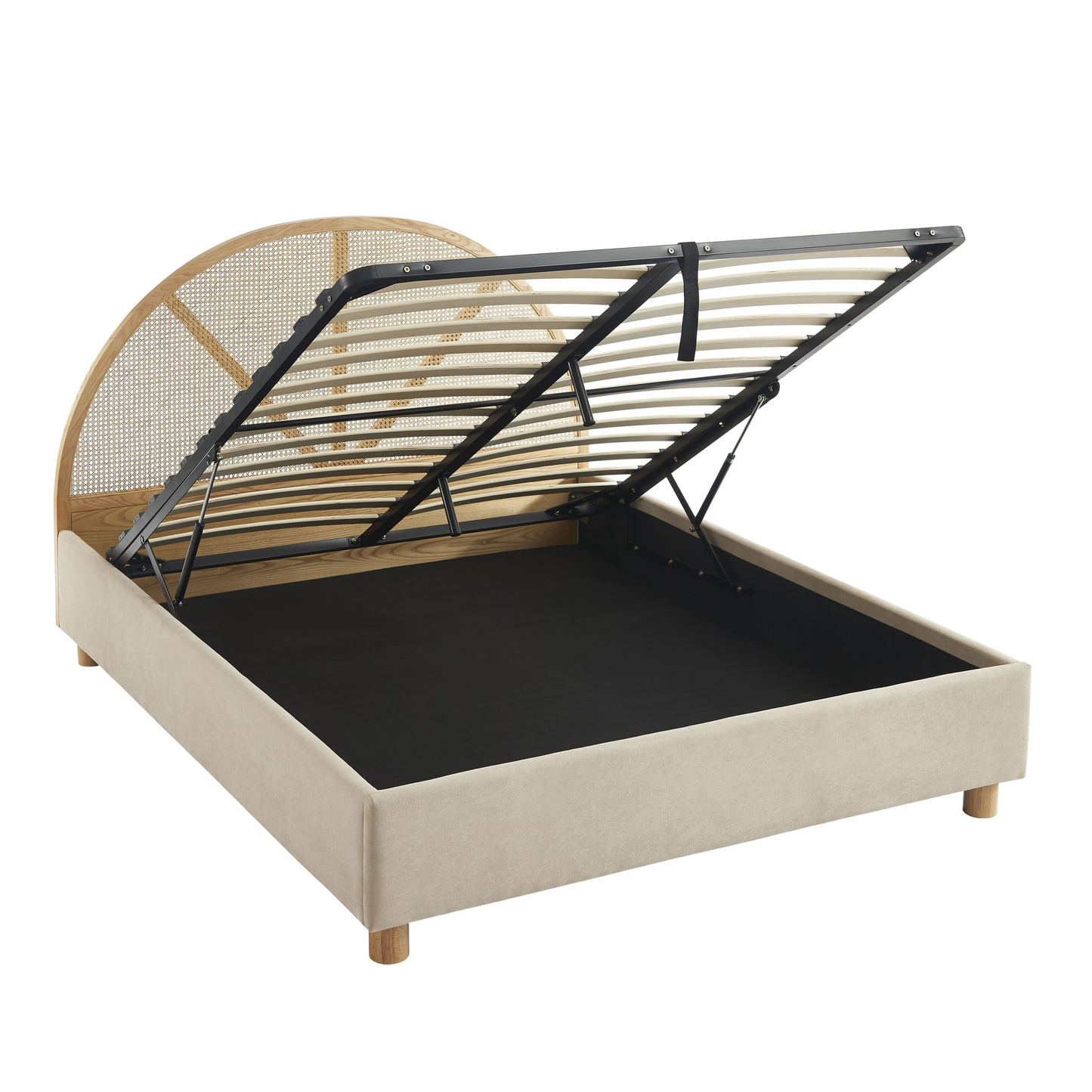 Lit Coffre Japandi velours beige sable cannage 160x200 sommier inclus – Tsuki