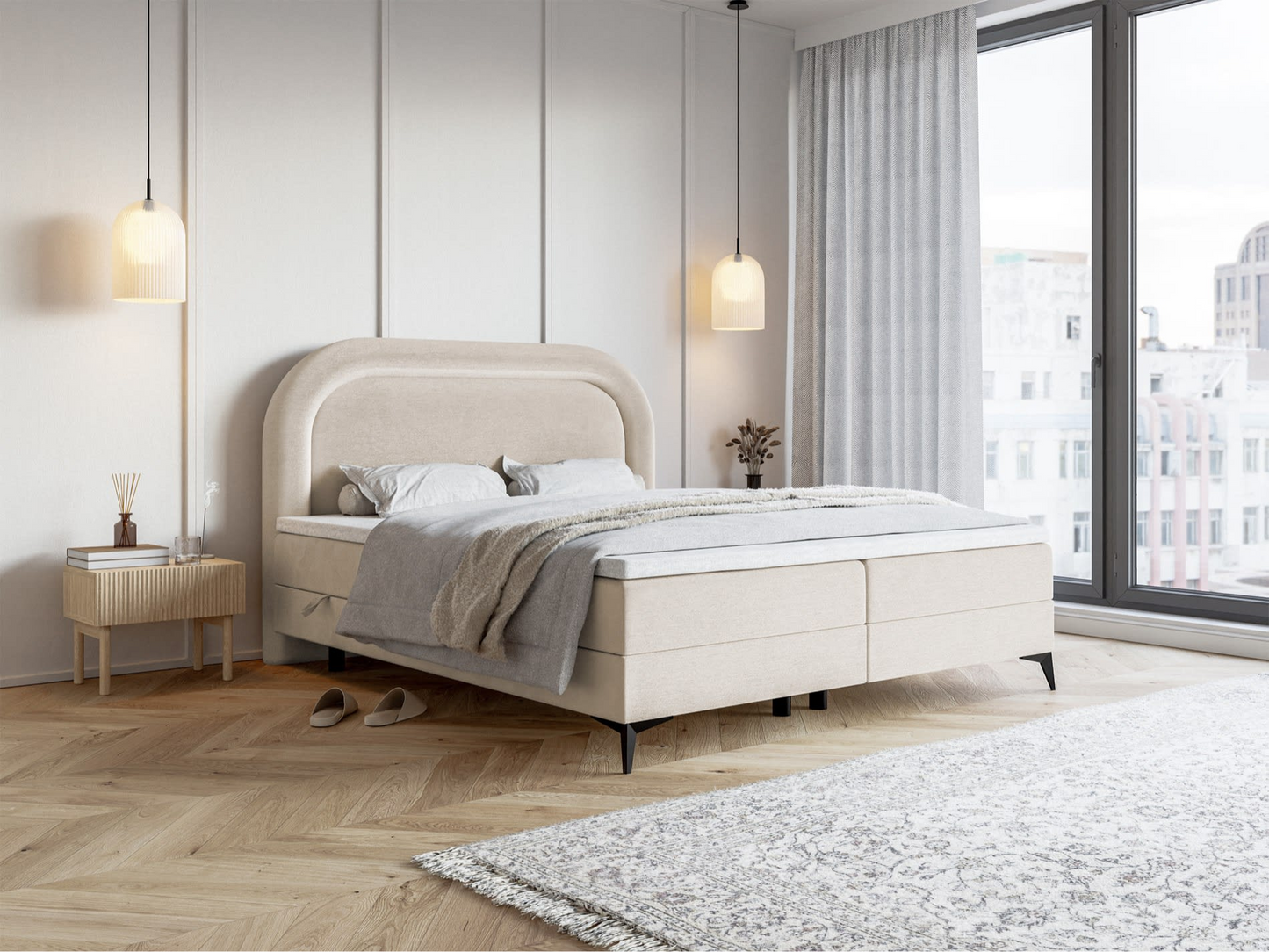 Lit Japandi continental 160x200 en velours déperlant grège – Loreo
