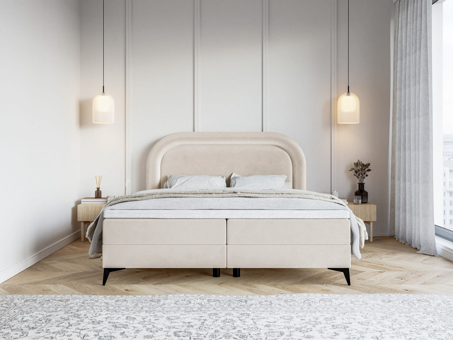 Lit Japandi continental 160x200 en velours déperlant grège – Loreo