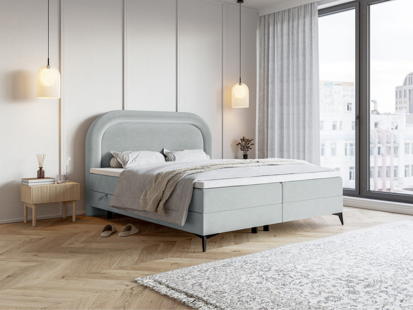 Lit Japandi continental 160x200 en velours déperlant grège – Loreo