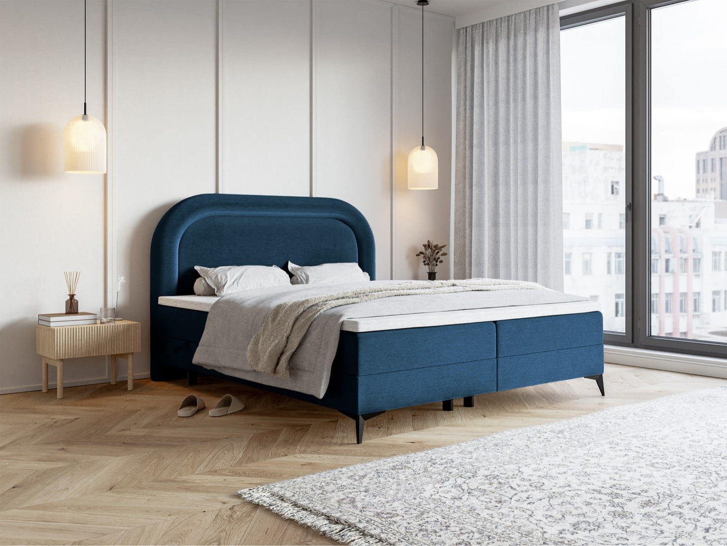 Lit Japandi continental 160x200 en velours déperlant grège – Loreo
