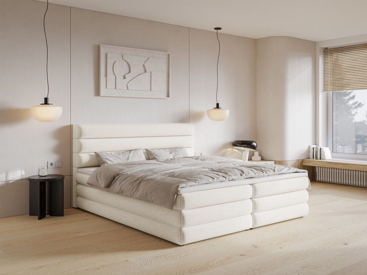 Lit Japandi continental 180x200 en tissu chenille beige clair – Alegre