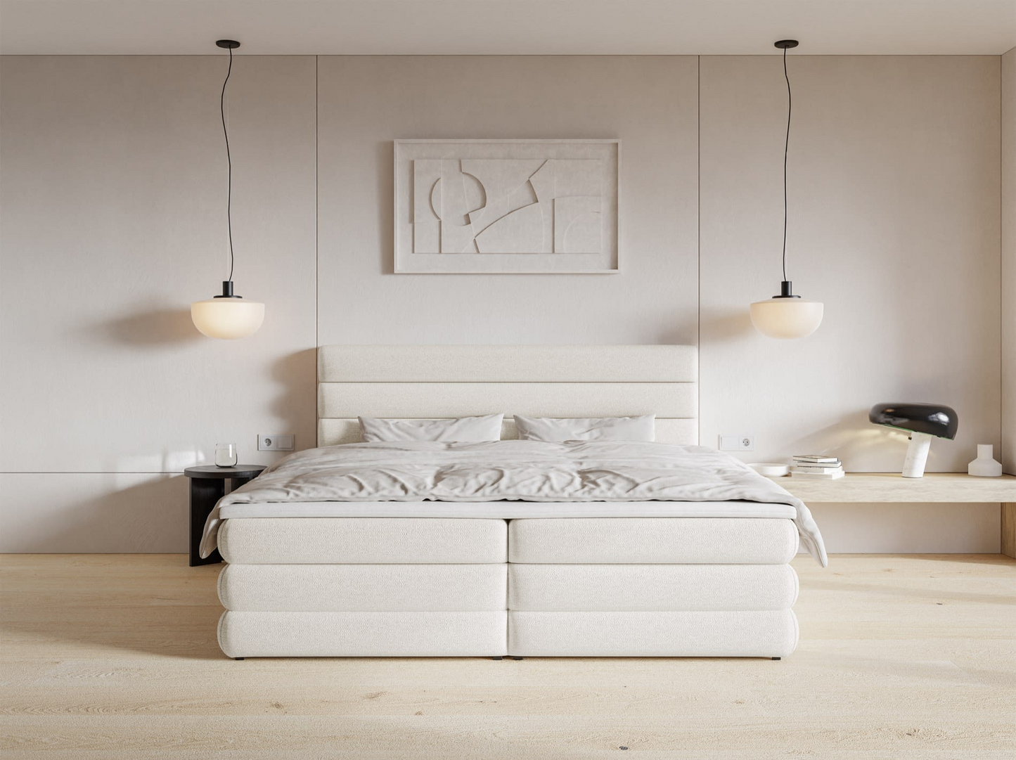 Lit Japandi continental 180x200 en tissu chenille beige clair – Alegre