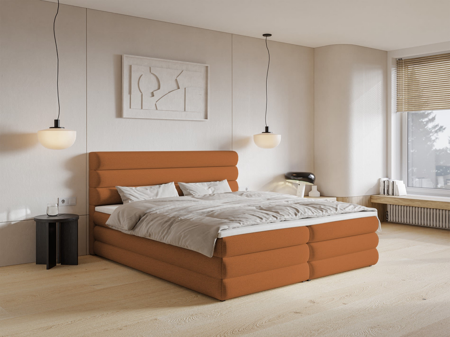 Lit Japandi continental 180x200 en tissu chenille beige clair – Alegre